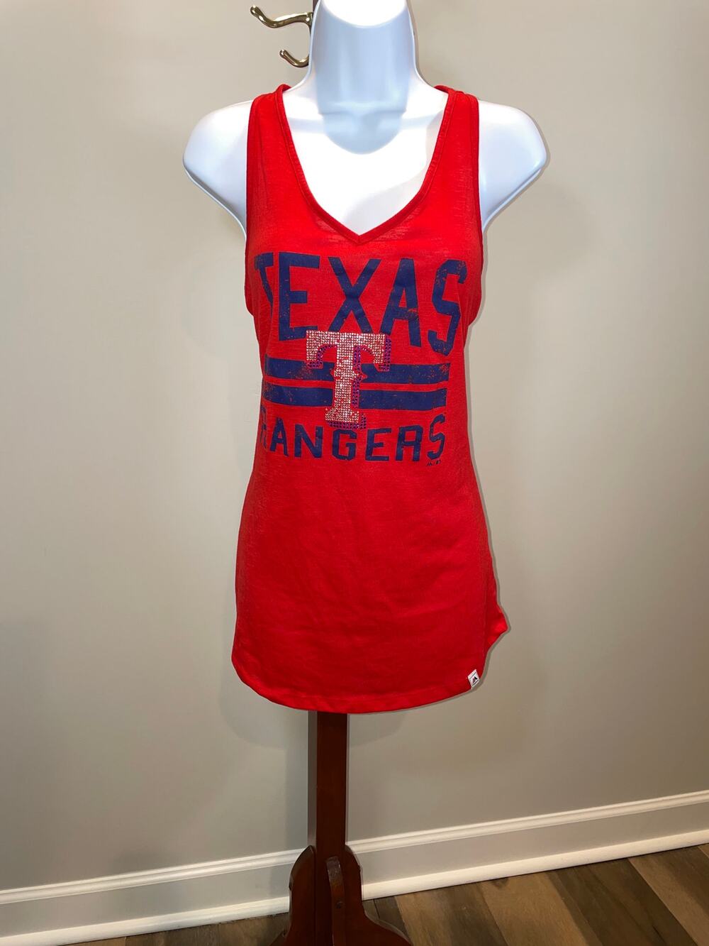 Majestic TEXAS RANGERS Rhinestone V Neck Tank Top with Twisted Back Size L Red